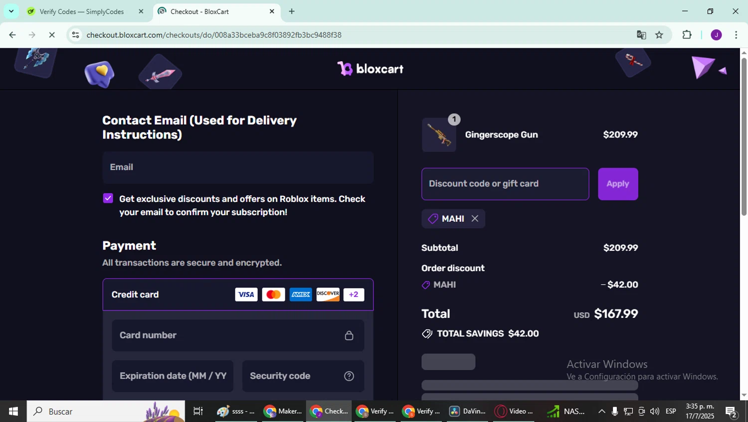 BloxCart discount code screenshot showing code MAHI applied at BloxCart checkout page. Uploaded by SimplyCodes community member YutakaH0shin0 on Jul 17, 2025