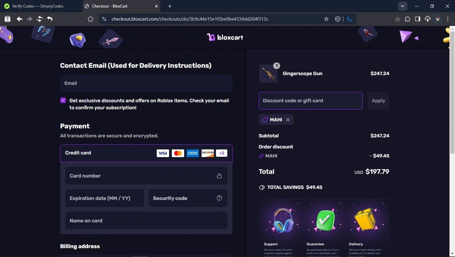 BloxCart discount code screenshot showing code MAHI applied at BloxCart checkout page. Uploaded by SimplyCodes community member User_Randon1 on Mar 28, 2025