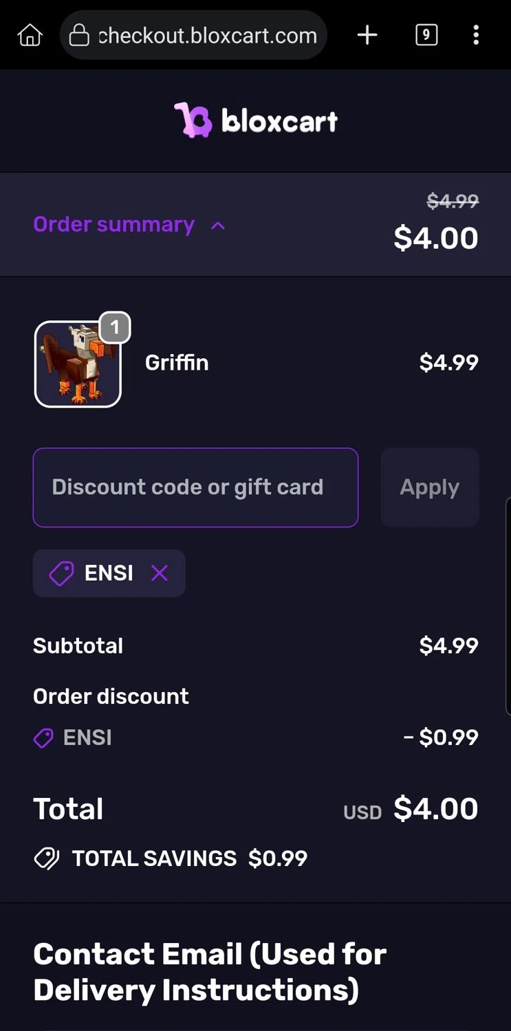 BloxCart discount code screenshot showing code ENSI applied at BloxCart checkout page. Uploaded by SimplyCodes community member Carloslvz on Sep 24, 2025
