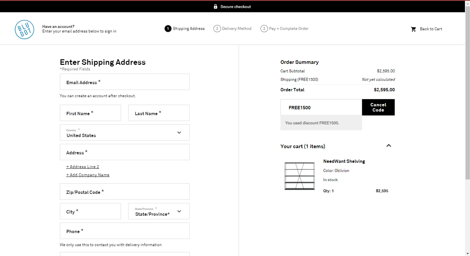 where to use Blu Dot promo code box