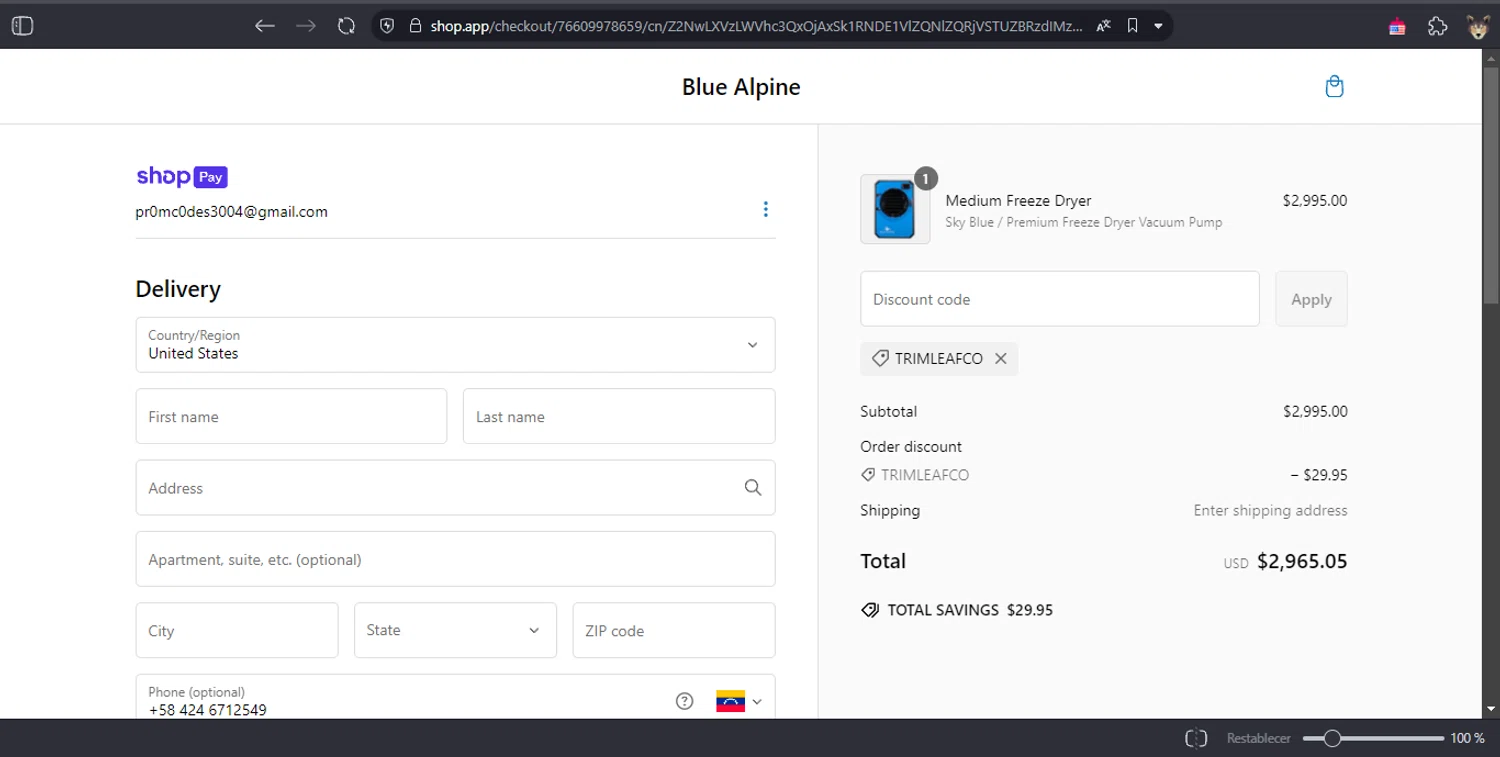 Blue Alpine discount code screenshot showing code TRIMLEAFCO applied at Blue Alpine checkout page. Uploaded by SimplyCodes community member fiadaz on Feb 22, 2025