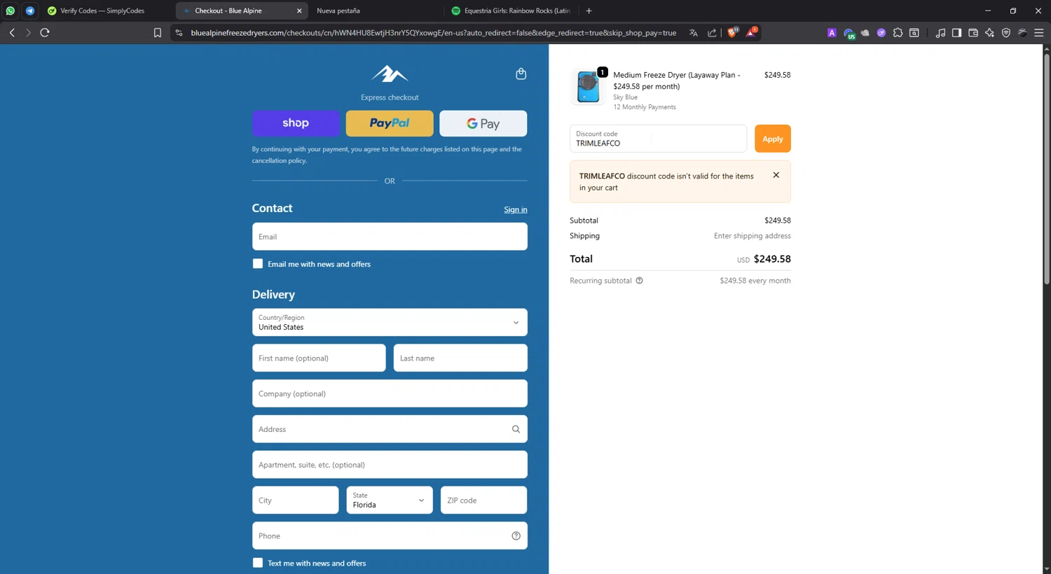 Blue Alpine discount code screenshot showing code TRIMLEAFCO applied at Blue Alpine checkout page. Uploaded by SimplyCodes community member lisethchirino on Oct 19, 2025