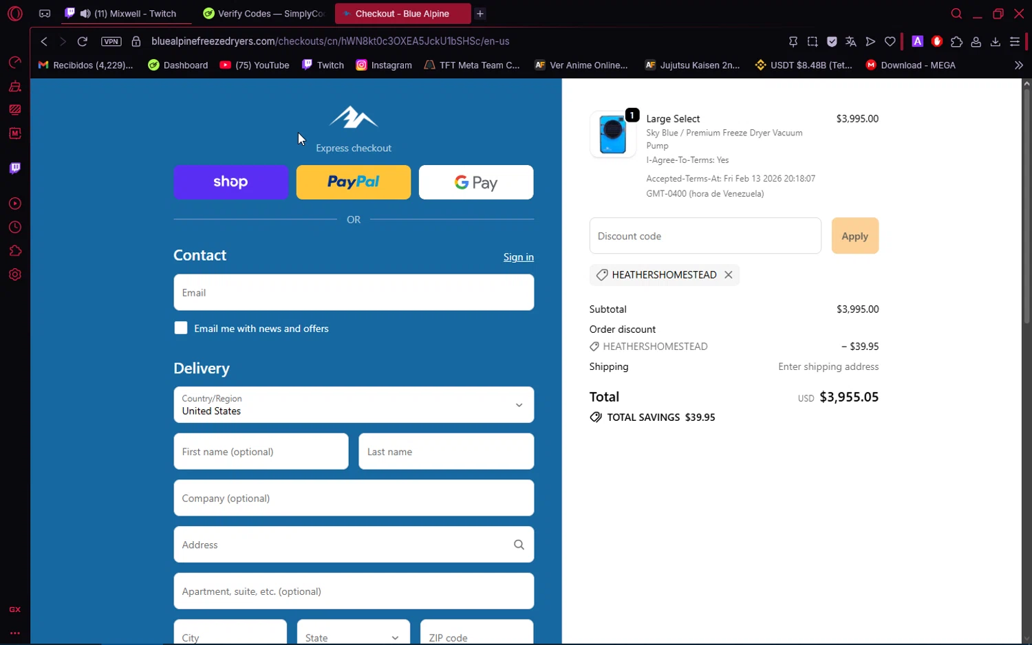 Blue Alpine checkout page showing Blue Alpine discount code box | Screenshot taken by SimplyCodes community member on Feb 14, 2026
