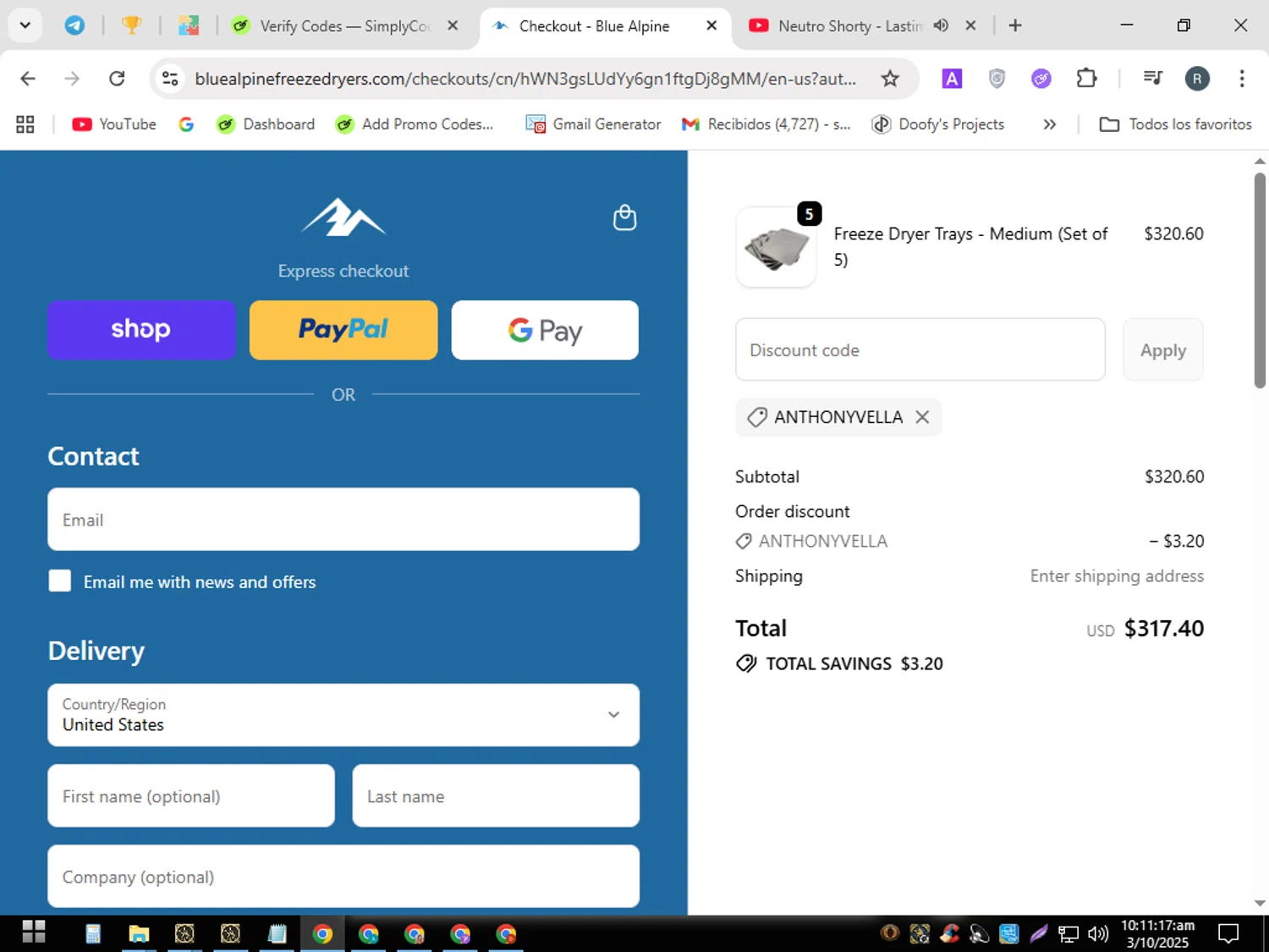 Blue Alpine discount code screenshot showing code ANTHONYVELLA applied at Blue Alpine checkout page. Uploaded by SimplyCodes community member PennyWizard7963 on Oct 3, 2025