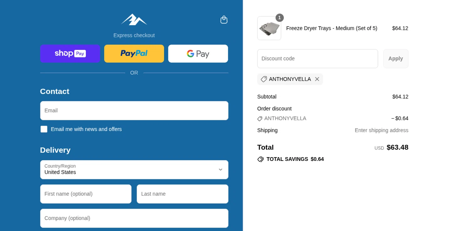 Blue Alpine discount code screenshot showing code ANTHONYVELLA applied at Blue Alpine checkout page. Uploaded by SimplyCodes community member Javierp on Aug 23, 2025