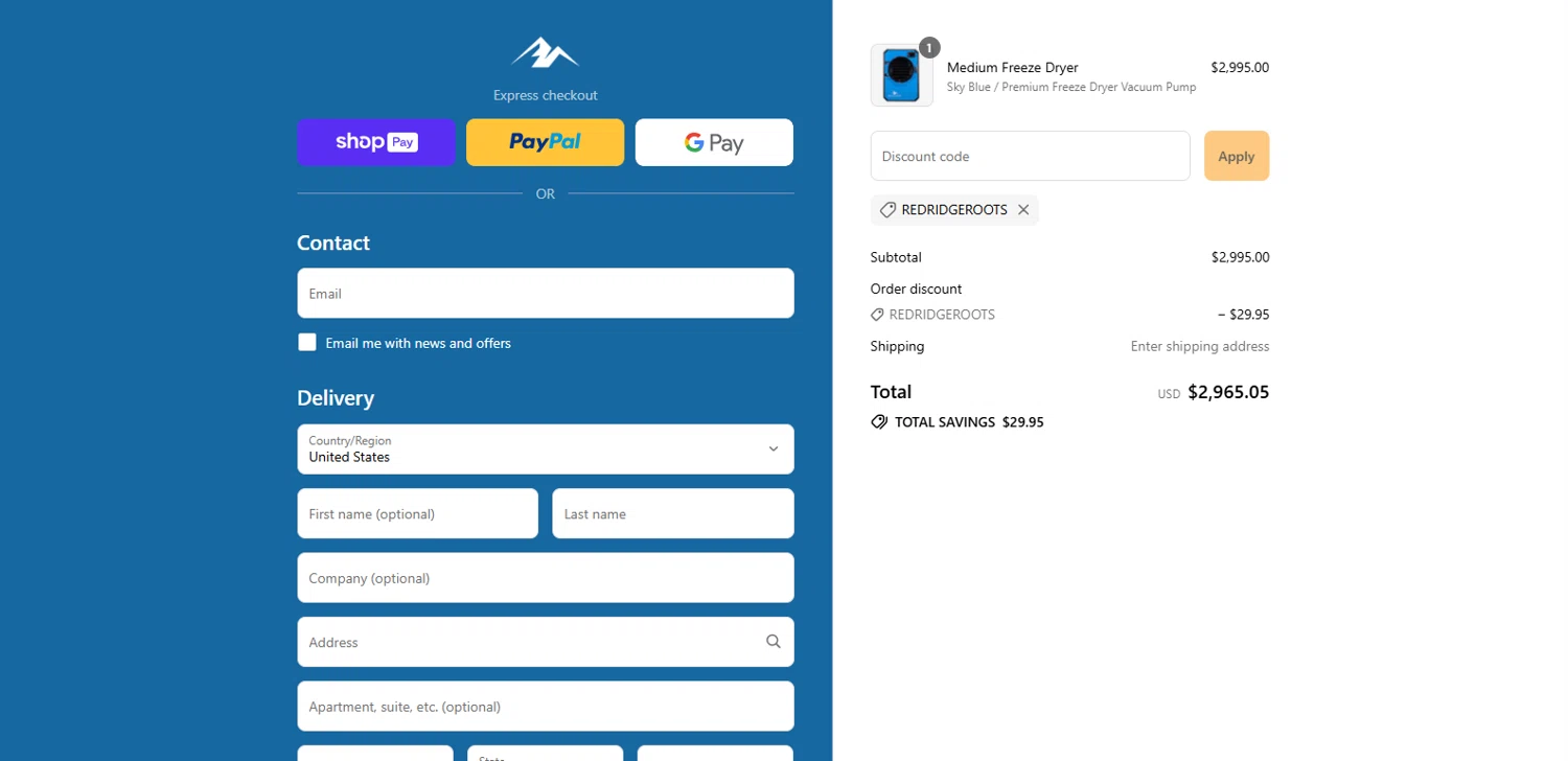 Blue Alpine discount code screenshot showing code REDRIDGEROOTS applied at Blue Alpine checkout page. Uploaded by SimplyCodes community member MagnifiHero3476 on Jul 10, 2025