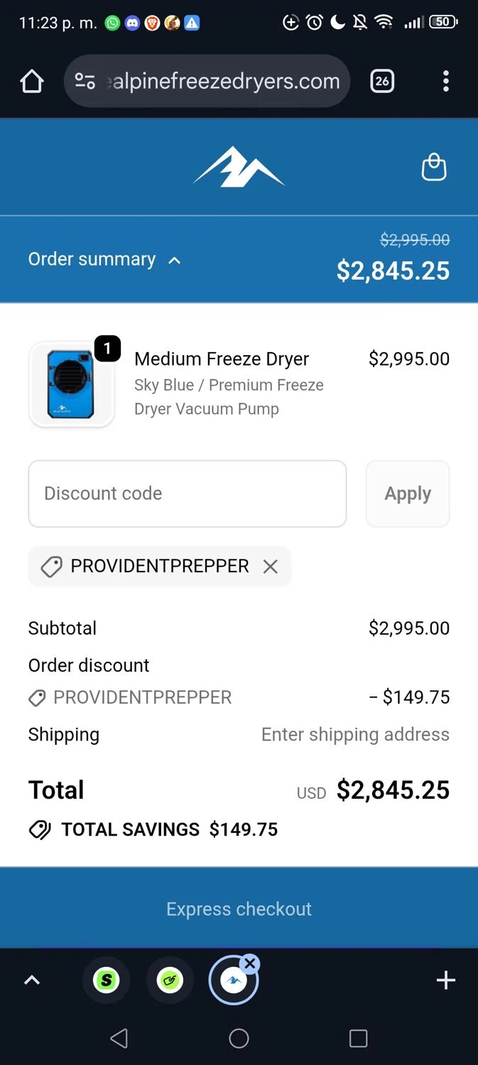 Blue Alpine discount code screenshot showing code PROVIDENTPREPPER applied at Blue Alpine checkout page. Uploaded by SimplyCodes community member George09 on Oct 15, 2025
