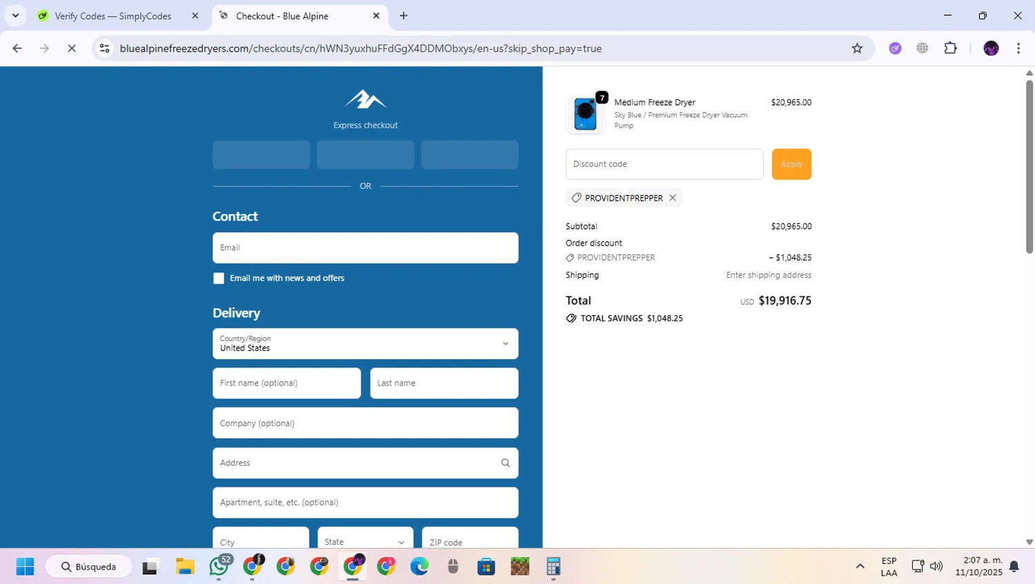 Blue Alpine discount code screenshot showing code PROVIDENTPREPPER applied at Blue Alpine checkout page. Uploaded by SimplyCodes community member GloriousGuardian9063 on Oct 11, 2025