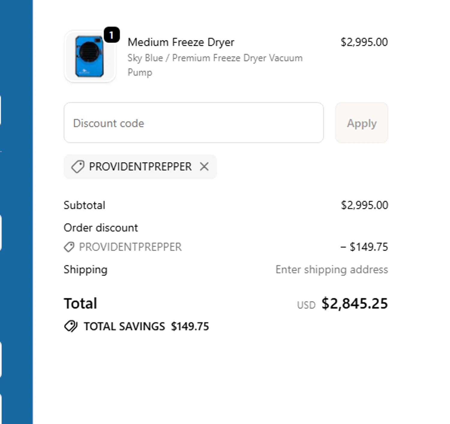 Blue Alpine discount code screenshot showing code PROVIDENTPREPPER applied at Blue Alpine checkout page. Uploaded by SimplyCodes community member RewardCurator5232 on Oct 7, 2025