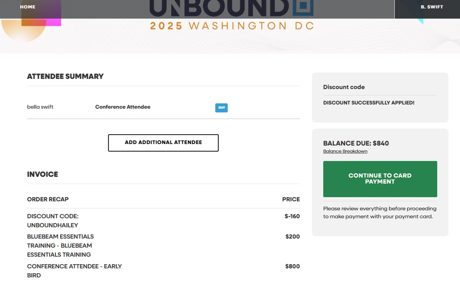 Bluebeam Revu promo code screenshot showing code UNBOUNDHAILEY applied at Bluebeam Revu checkout page. Uploaded by SimplyCodes community member WonderSaver8569 on Jul 29, 2025