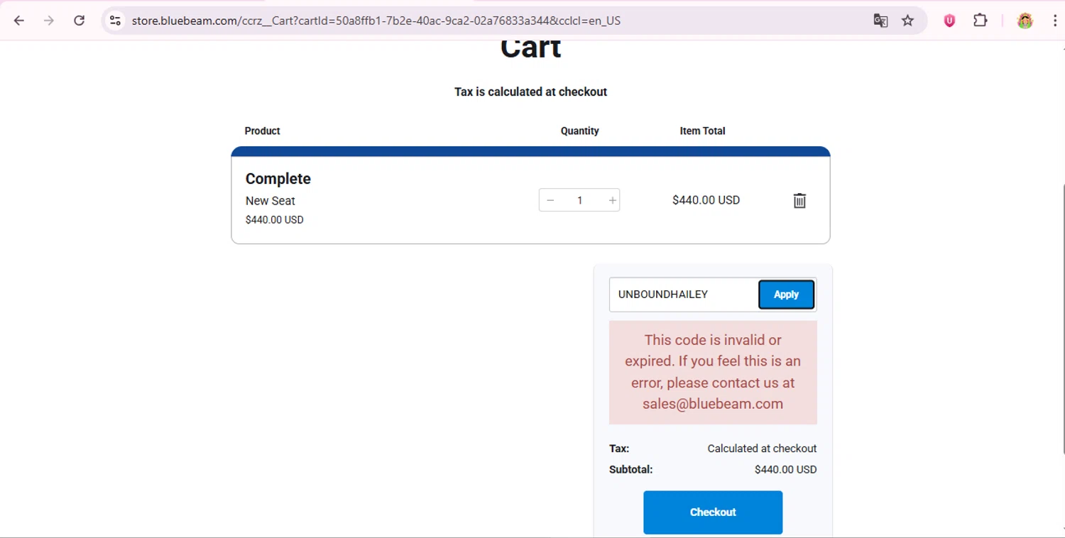 Bluebeam Revu promo code screenshot showing code UNBOUNDHAILEY applied at Bluebeam Revu checkout page. Uploaded by SimplyCodes community member laurachirinos on Sep 1, 2025