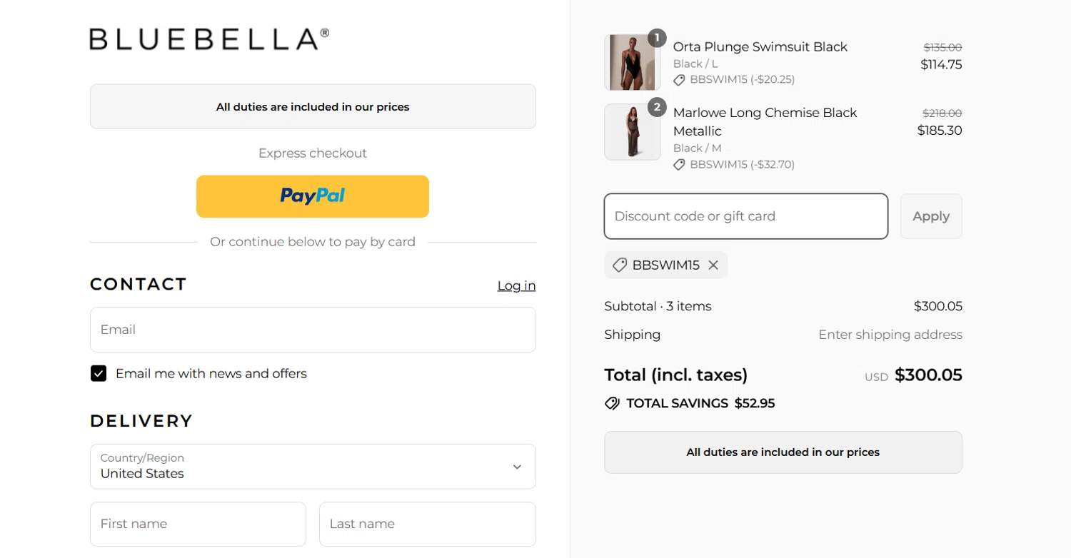 Bluebella discount code screenshot showing code BBSWIM15 applied at Bluebella checkout page. Uploaded by SimplyCodes community member WonderWhiz101 on Aug 27, 2025