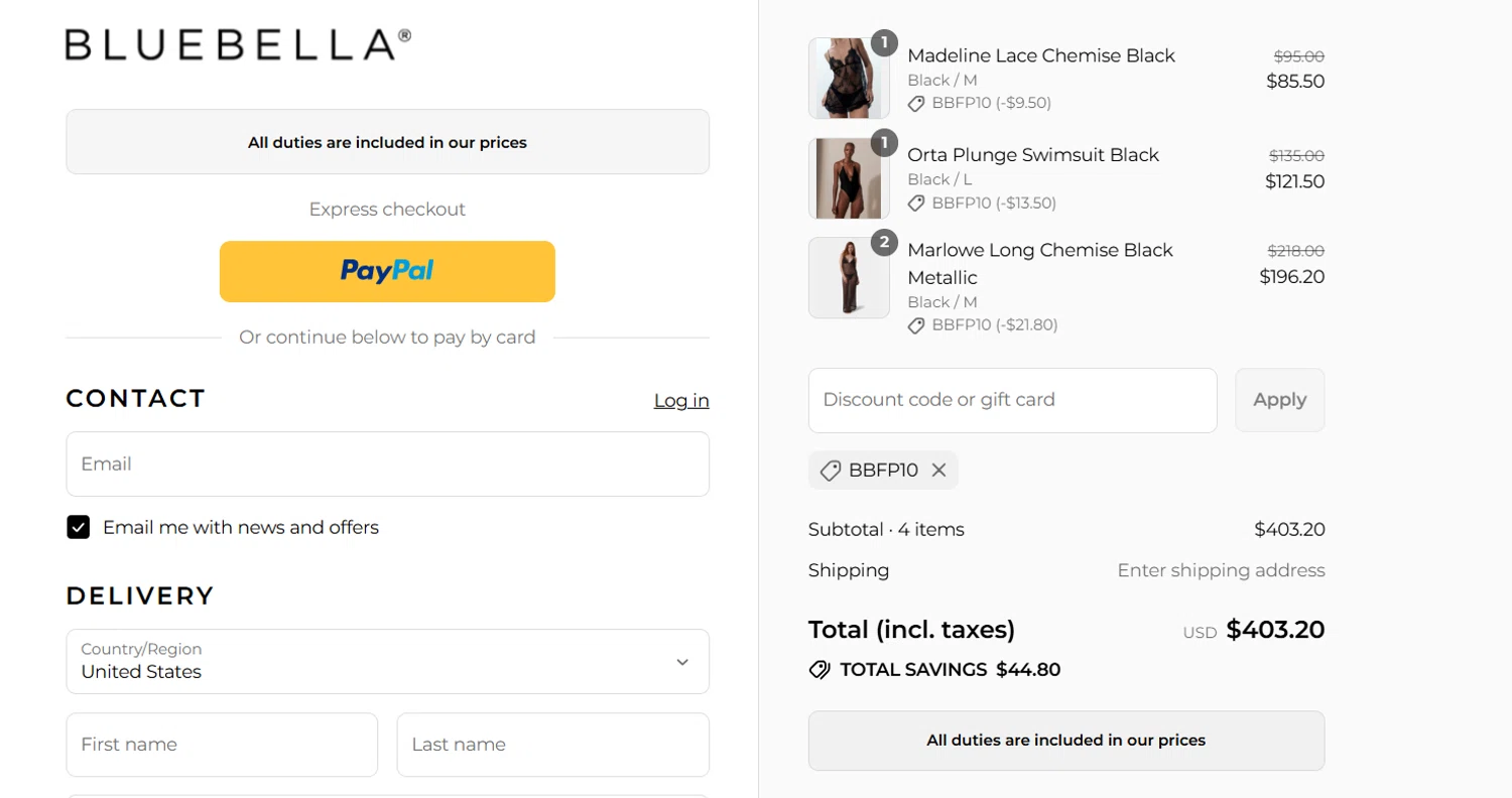 Bluebella discount code screenshot showing code BBFP10 applied at Bluebella checkout page. Uploaded by SimplyCodes community member WonderWhiz101 on Aug 27, 2025