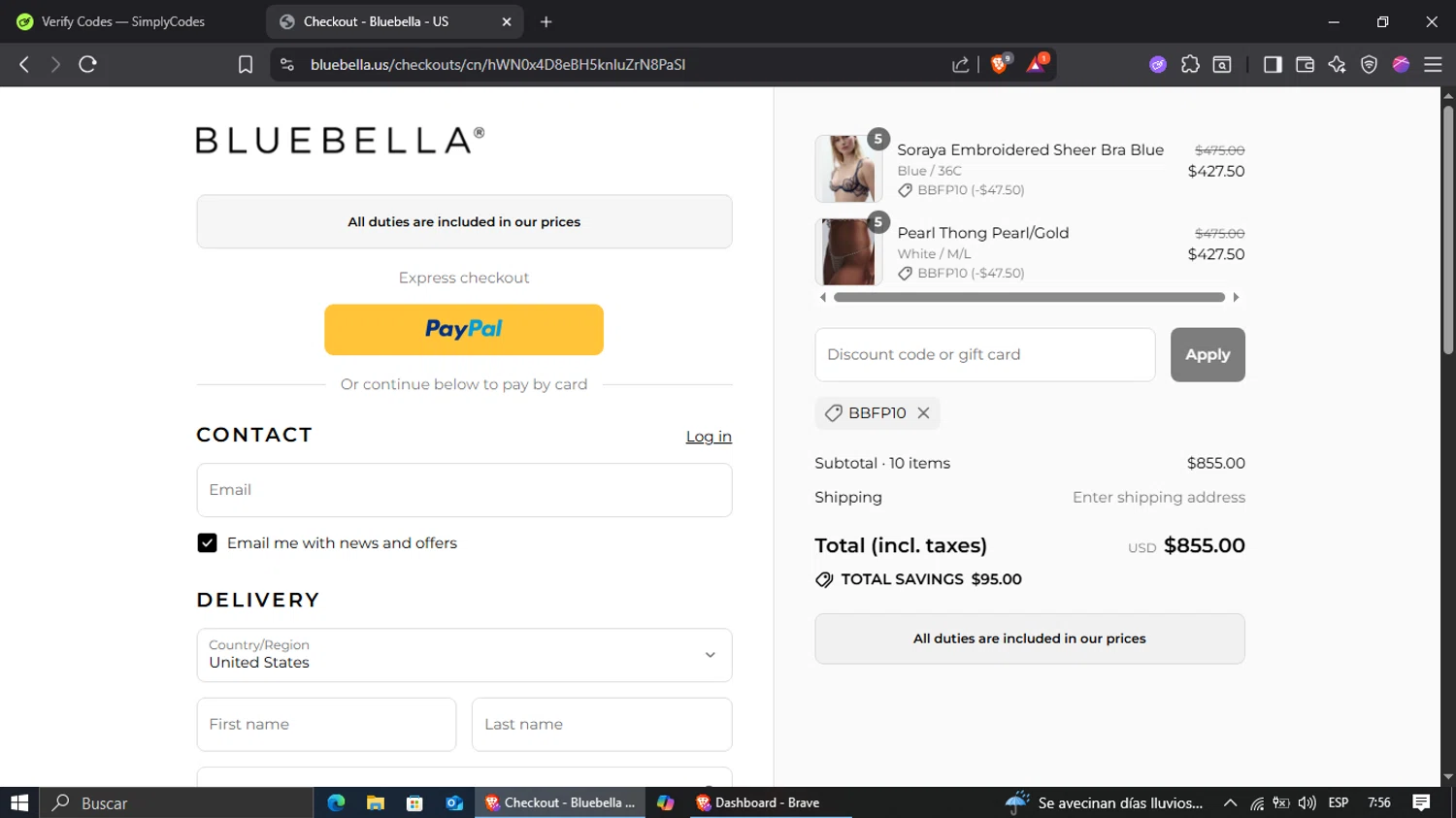 Bluebella discount code screenshot showing code BBFP10 applied at Bluebella checkout page. Uploaded by SimplyCodes community member jairinho on Aug 6, 2025