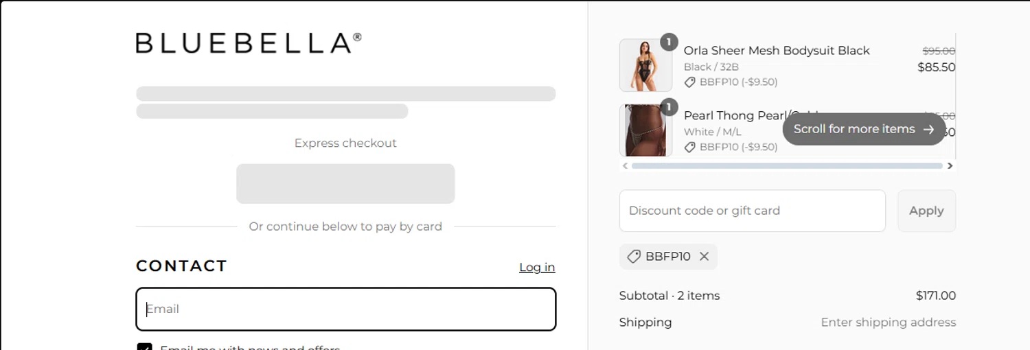 Bluebella discount code screenshot showing code BBFP10 applied at Bluebella checkout page. Uploaded by SimplyCodes community member jadapev on Aug 6, 2025