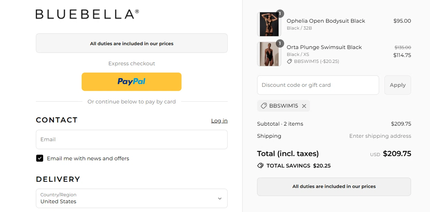 Bluebella discount code screenshot showing code BBSWIM15 applied at Bluebella checkout page. Uploaded by SimplyCodes community member jesspea on Aug 1, 2025