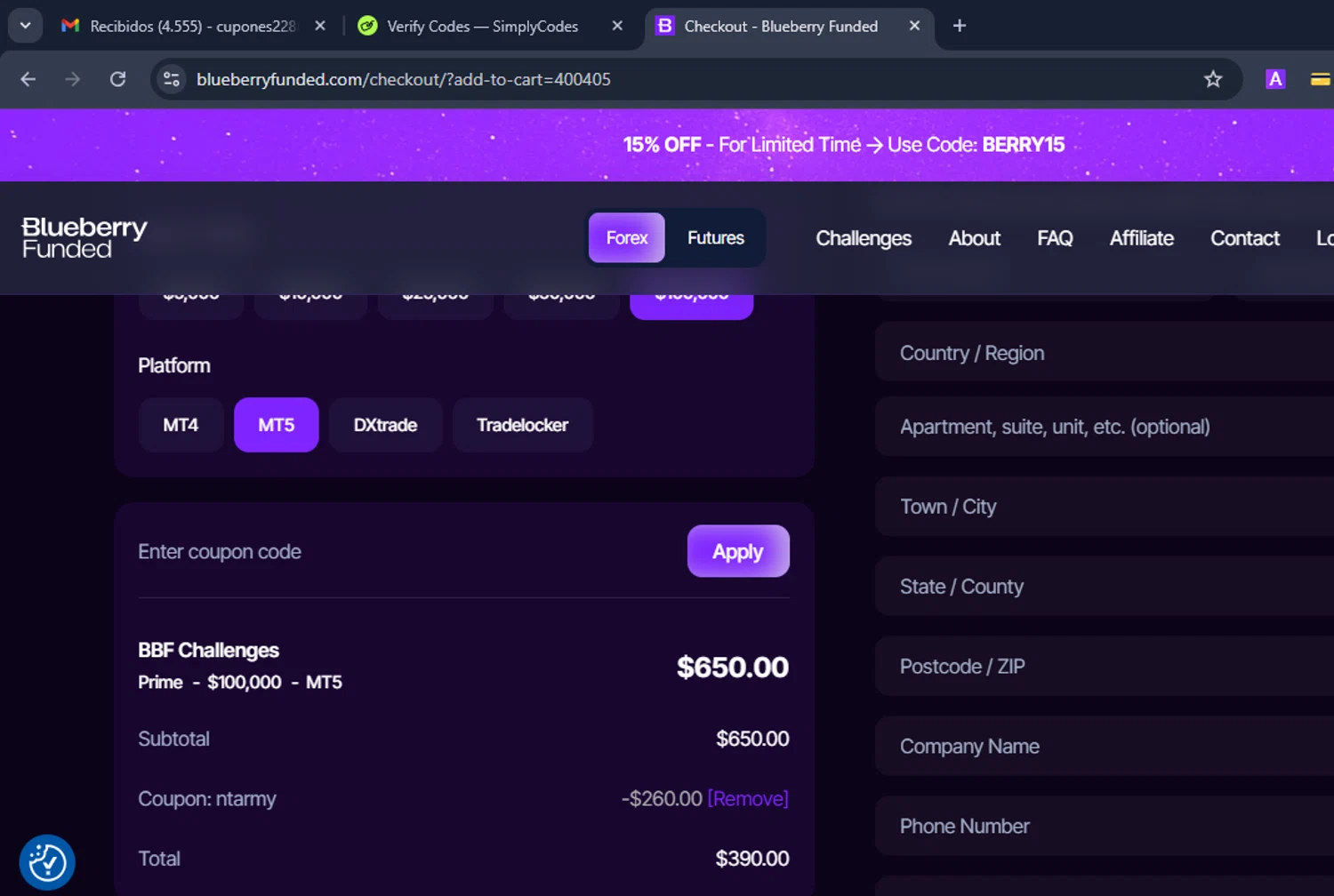 Blueberry Funded checkout page showing Blueberry Funded discount code box | Screenshot taken by SimplyCodes community member on Jan 31, 2026