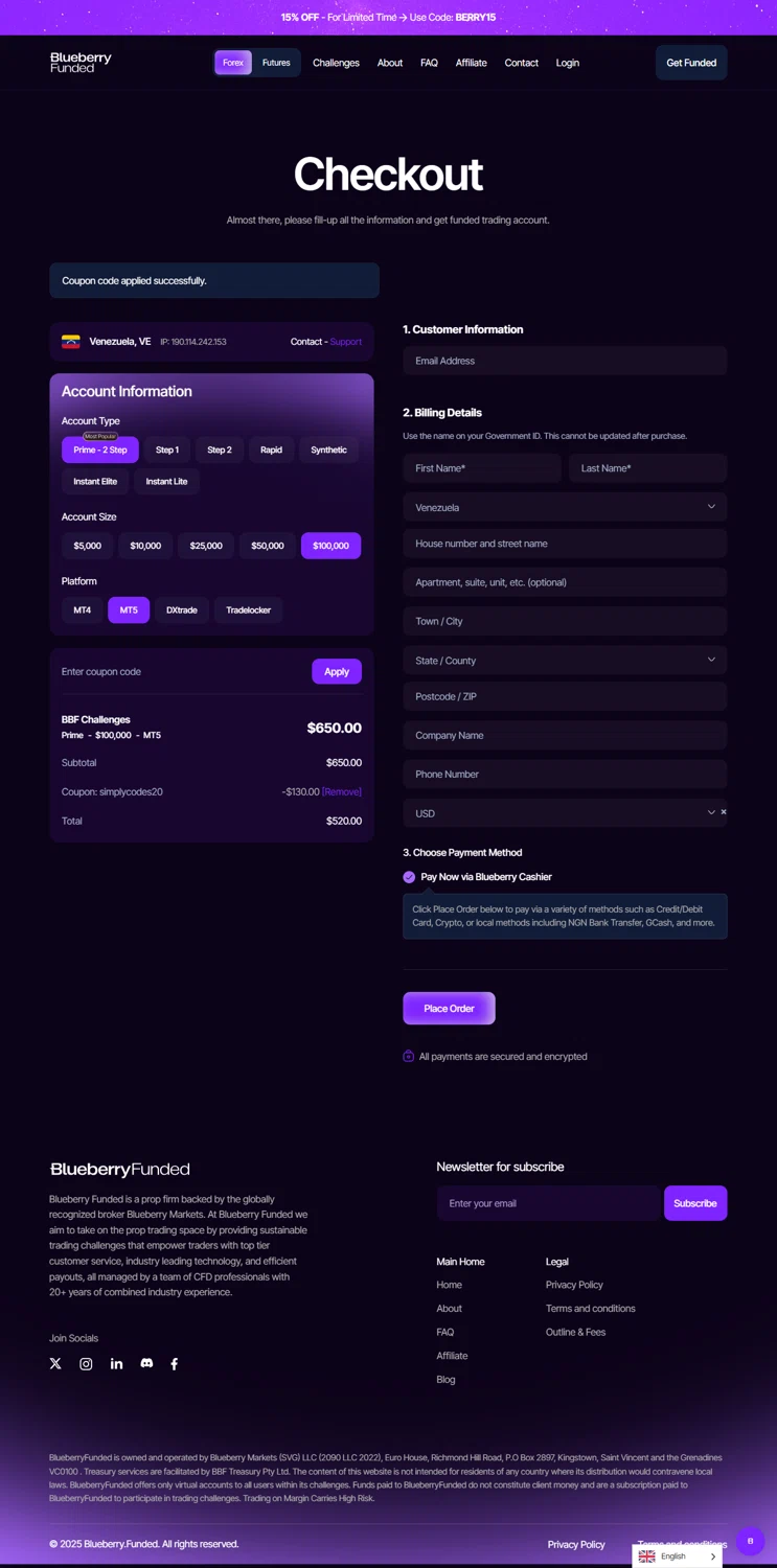 Blueberry Funded checkout page showing Blueberry Funded discount code box | Screenshot taken by SimplyCodes community member on Jan 24, 2026