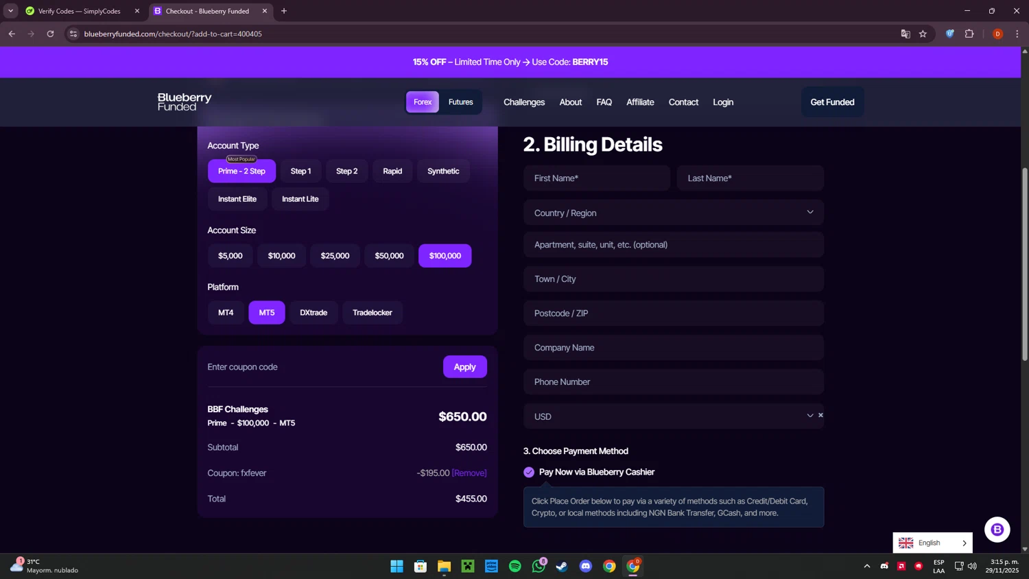 Blueberry Funded discount code screenshot showing code FXFEVER applied at Blueberry Funded checkout page. Uploaded by SimplyCodes community member Corleone on Nov 29, 2025