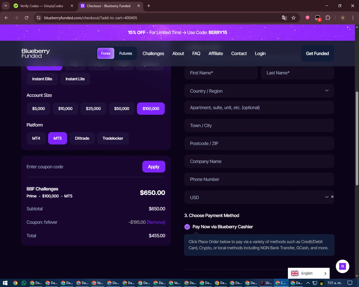 Blueberry Funded checkout page showing Blueberry Funded discount code box | Screenshot taken by SimplyCodes community member on Jan 26, 2026