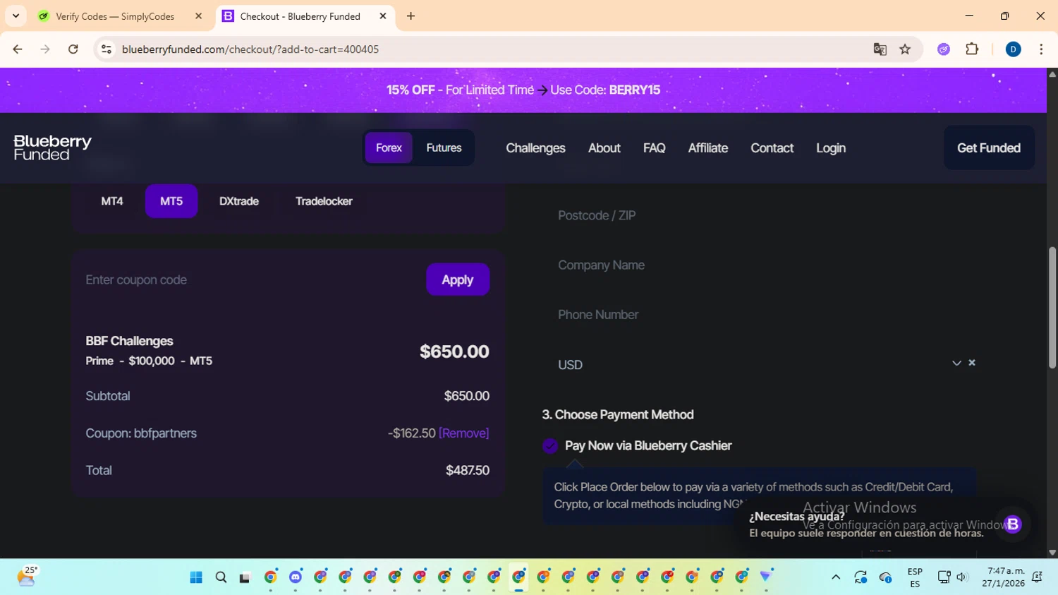 Blueberry Funded checkout page showing Blueberry Funded discount code box | Screenshot taken by SimplyCodes community member on Jan 27, 2026