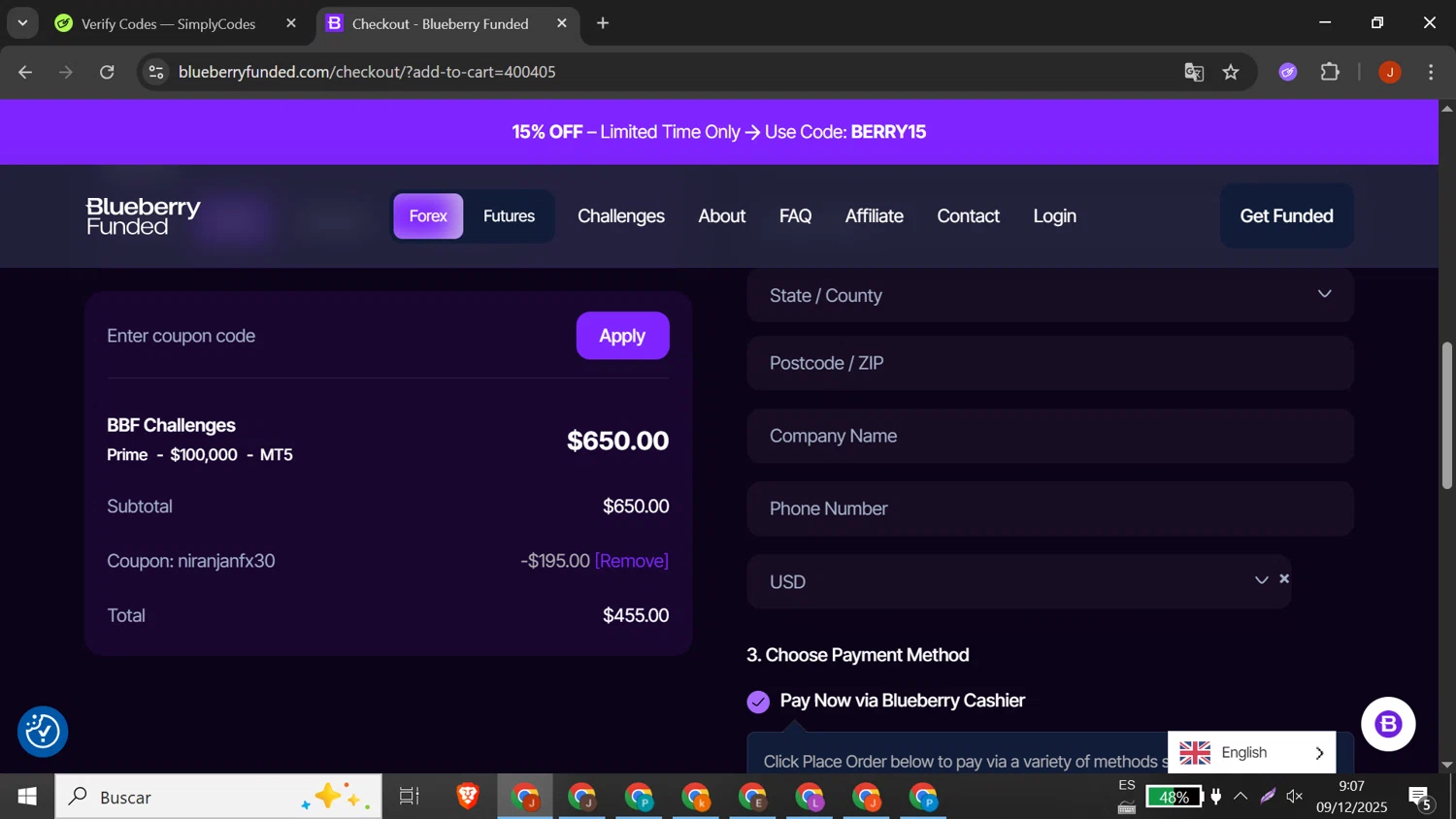 Blueberry Funded discount code screenshot showing code NIRANJANFX30 applied at Blueberry Funded checkout page. Uploaded by SimplyCodes community member DORIANGEL on Dec 9, 2025