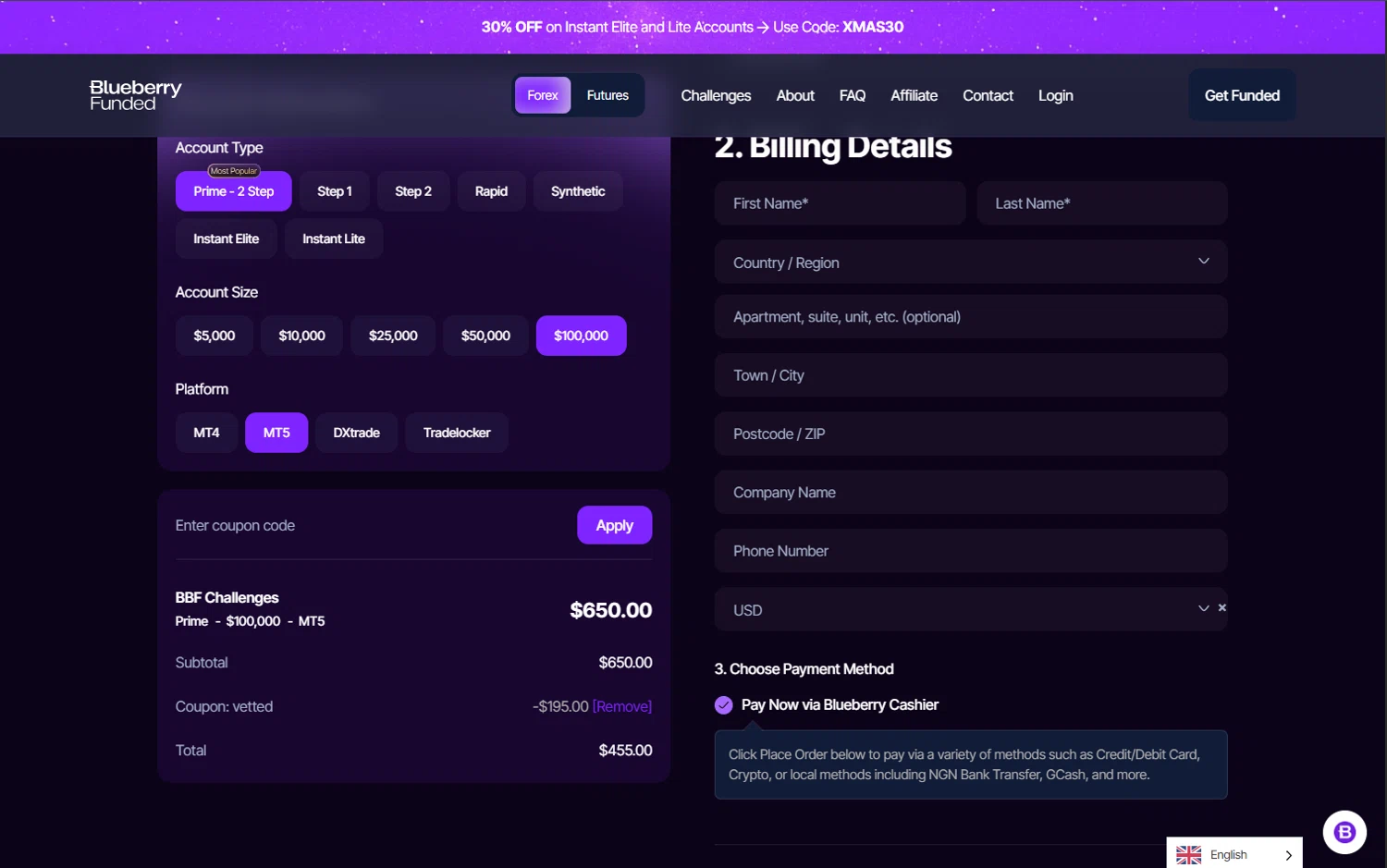 Blueberry Funded discount code screenshot showing code vetted applied at Blueberry Funded checkout page. Uploaded by SimplyCodes community member PrimeWhiz5416 on Dec 27, 2025