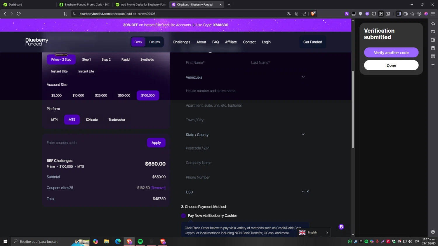 Blueberry Funded discount code screenshot showing code ELITES25 applied at Blueberry Funded checkout page. Uploaded by SimplyCodes community member Tragedy on Dec 29, 2025
