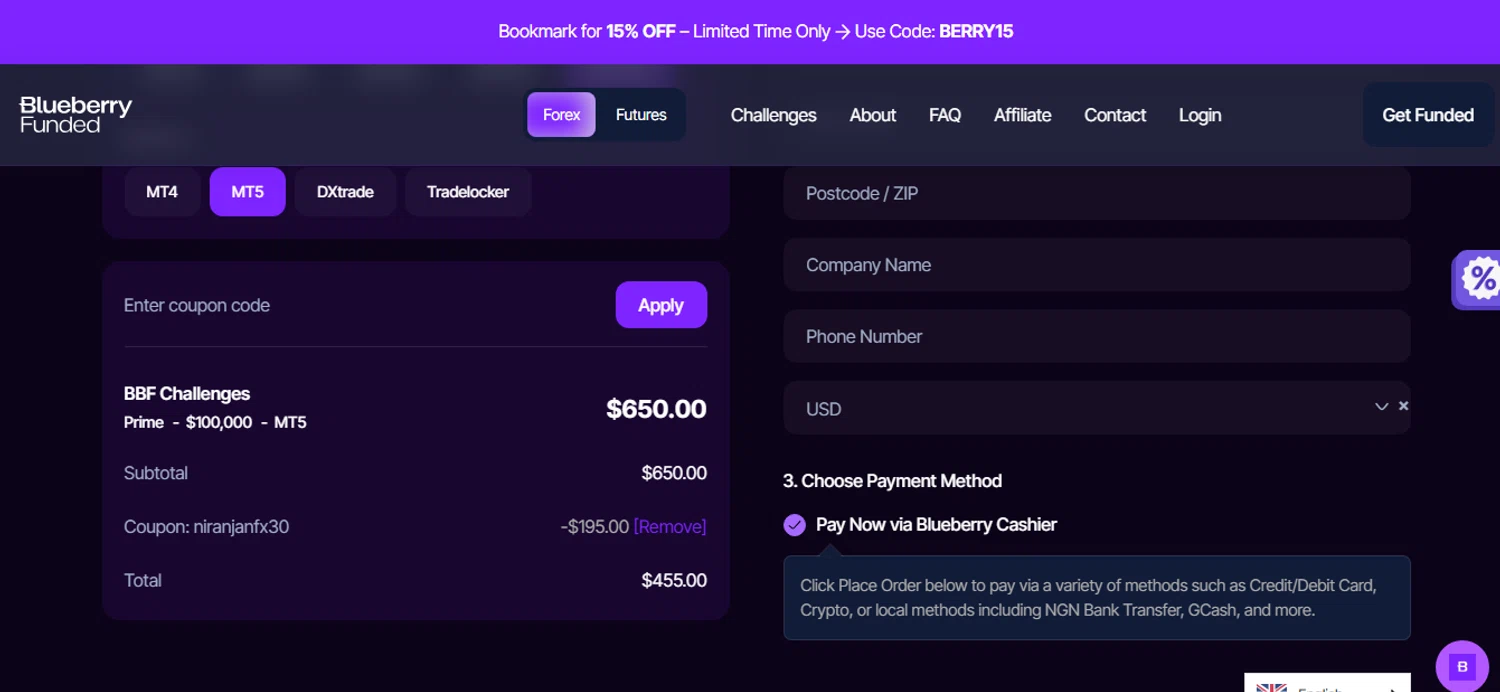 Blueberry Funded discount code screenshot showing code NIRANJANFX30 applied at Blueberry Funded checkout page. Uploaded by SimplyCodes community member shark12 on Oct 4, 2025