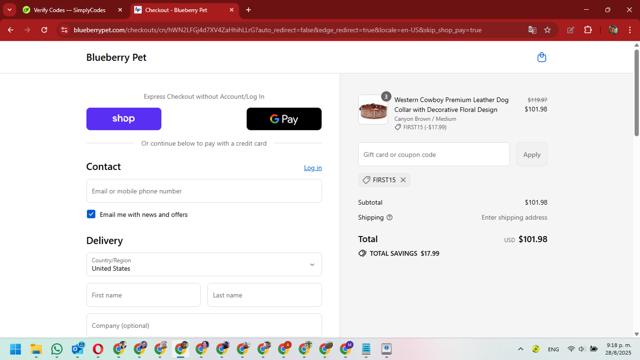Blueberry Pet checkout page showing Blueberry Pet promo code box | Screenshot taken by SimplyCodes community member on Aug 29, 2025