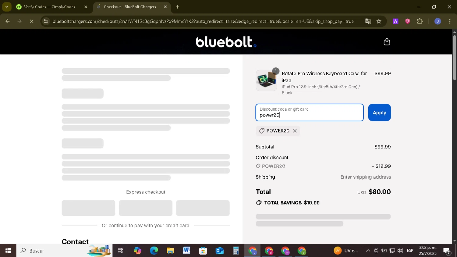 BlueBolt Chargers discount code screenshot showing code power20 applied at BlueBolt Chargers checkout page. Uploaded by SimplyCodes community member EpicSage3474 on Jul 25, 2025