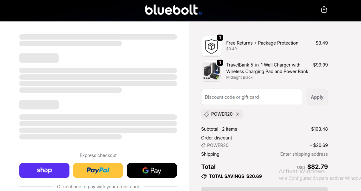 BlueBolt Chargers discount code screenshot showing code power20 applied at BlueBolt Chargers checkout page. Uploaded by SimplyCodes community member Noxu350 on Dec 26, 2025