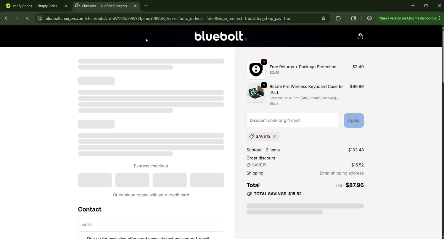 BlueBolt Chargers discount code screenshot showing code SAVE15 applied at BlueBolt Chargers checkout page. Uploaded by SimplyCodes community member CashWizard4502 on Oct 12, 2025