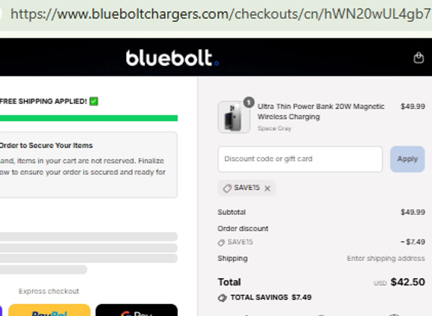 BlueBolt Chargers discount code screenshot showing code SAVE15 applied at BlueBolt Chargers checkout page. Uploaded by SimplyCodes community member RewardFinder4836 on Aug 20, 2025