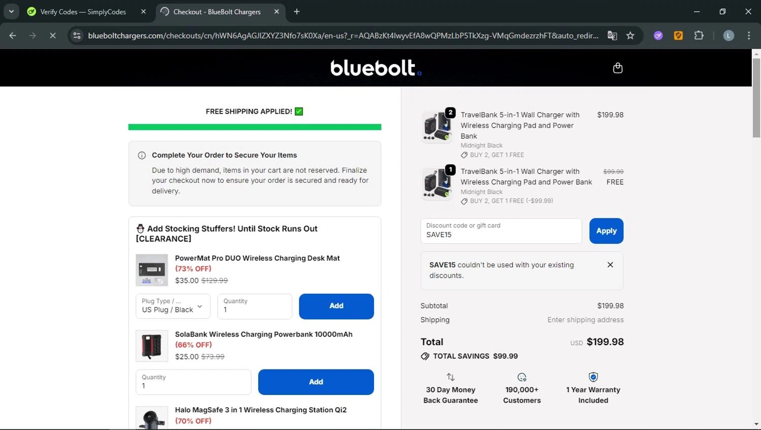 BlueBolt Chargers discount code screenshot showing code SAVE15 applied at BlueBolt Chargers checkout page. Uploaded by SimplyCodes community member RoyalOwl5790 on Dec 7, 2025