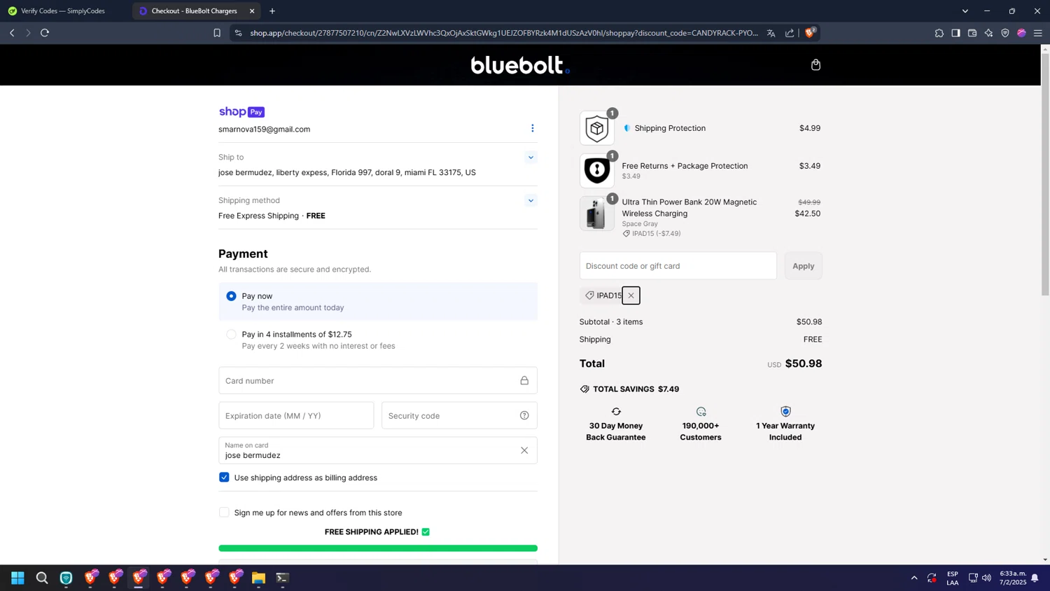 BlueBolt Chargers discount code screenshot showing code IPAD15 applied at BlueBolt Chargers checkout page. Uploaded by SimplyCodes community member diosgreed2030 on Feb 7, 2025