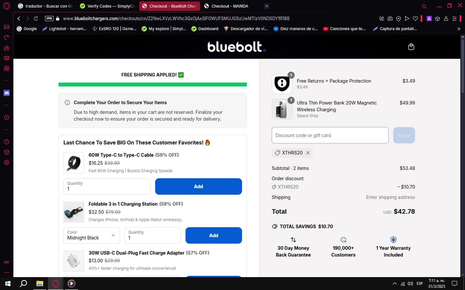 BlueBolt Chargers discount code screenshot showing code XTHRS20 applied at BlueBolt Chargers checkout page. Uploaded by SimplyCodes community member PrimeVirtuoso9679 on Mar 31, 2025