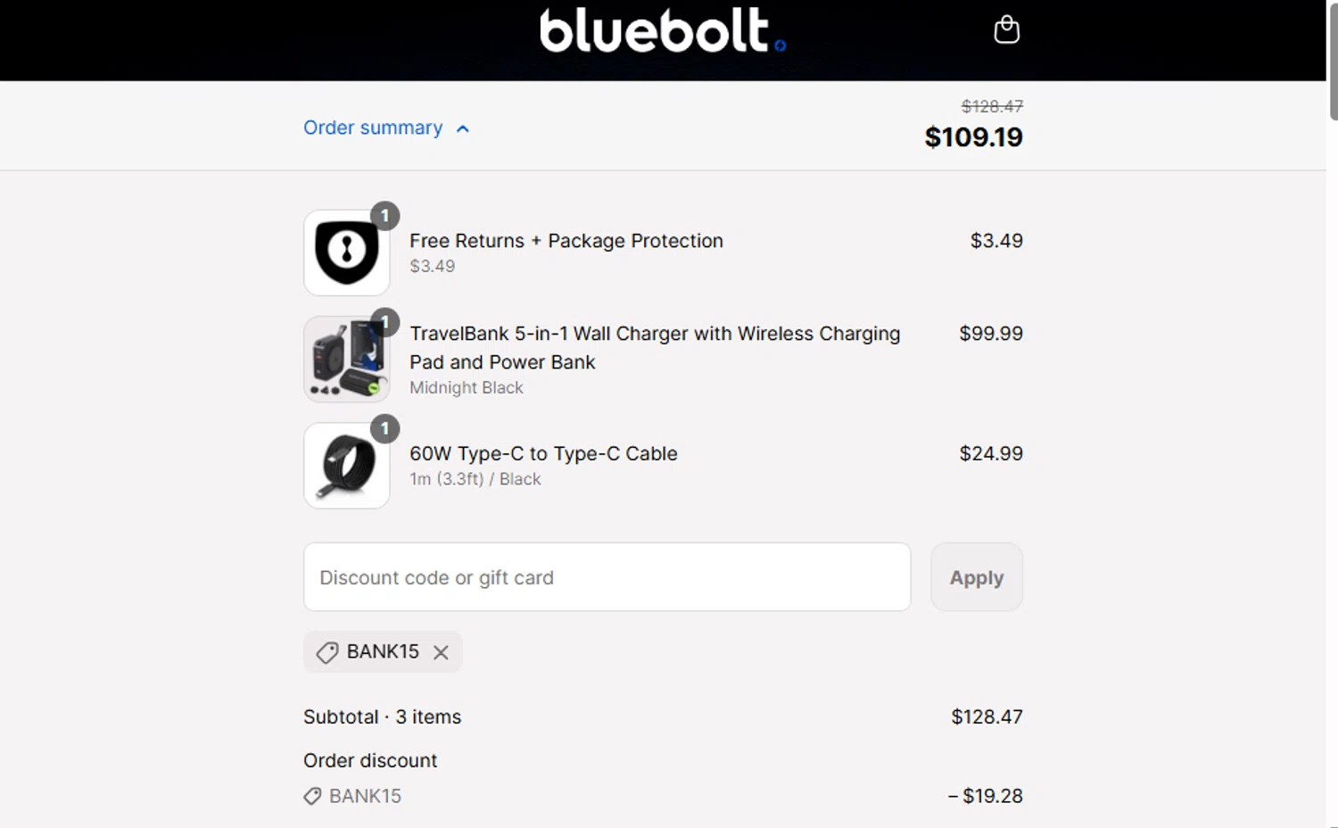 BlueBolt Chargers discount code screenshot showing code BANK15 applied at BlueBolt Chargers checkout page. Uploaded by SimplyCodes community member ThriftyShopper3669 on May 9, 2025