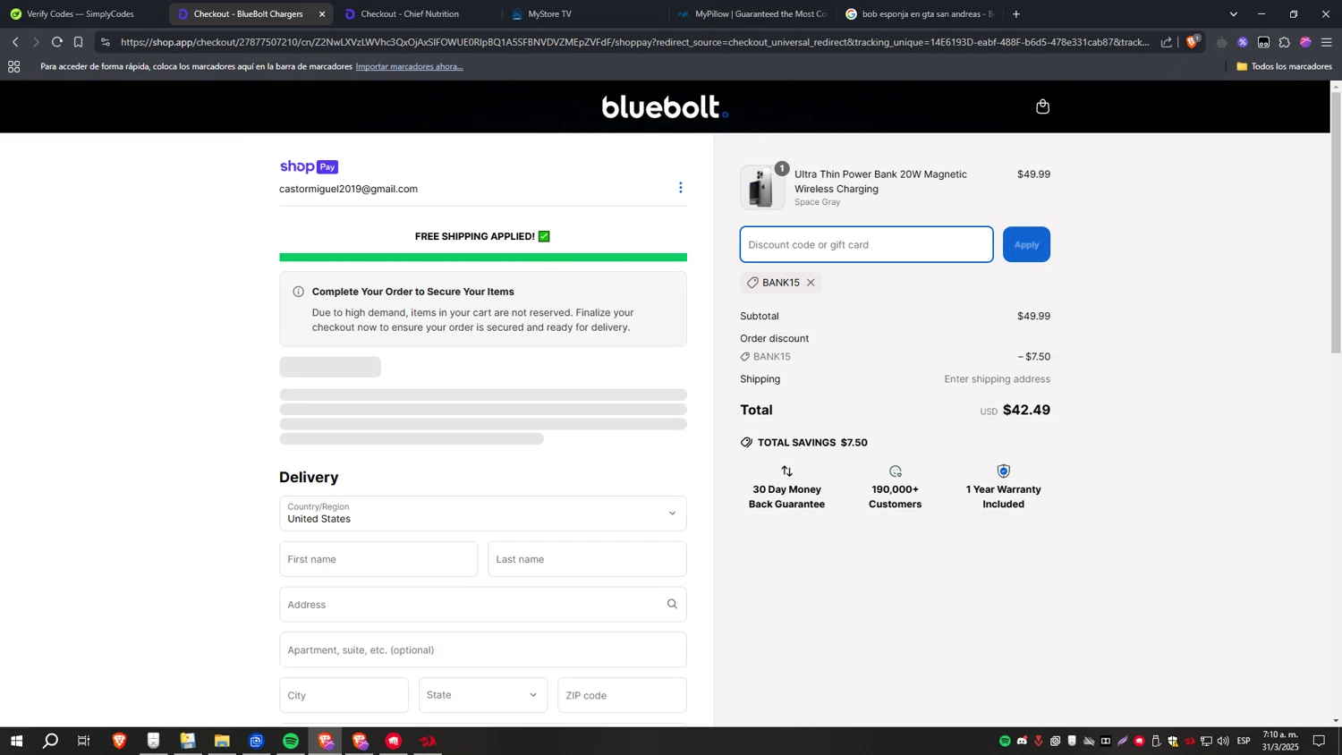 BlueBolt Chargers discount code screenshot showing code BANK15 applied at BlueBolt Chargers checkout page. Uploaded by SimplyCodes community member CoinHawk6938 on Mar 31, 2025