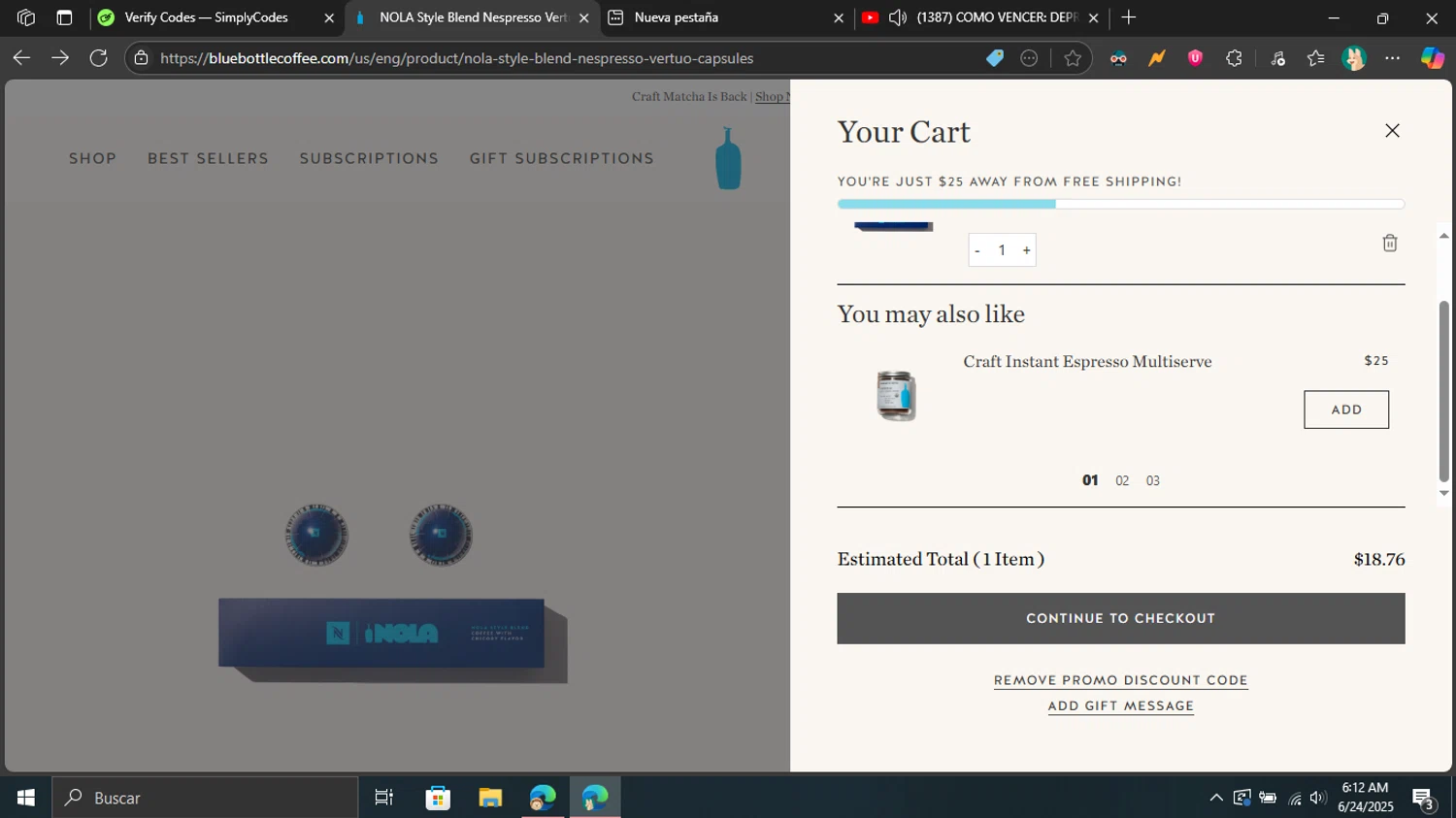 Blue Bottle Coffee coupon code screenshot showing code WELCOMESHIP applied at Blue Bottle Coffee checkout page. Uploaded by SimplyCodes community member Don_Quixote on Jun 24, 2025