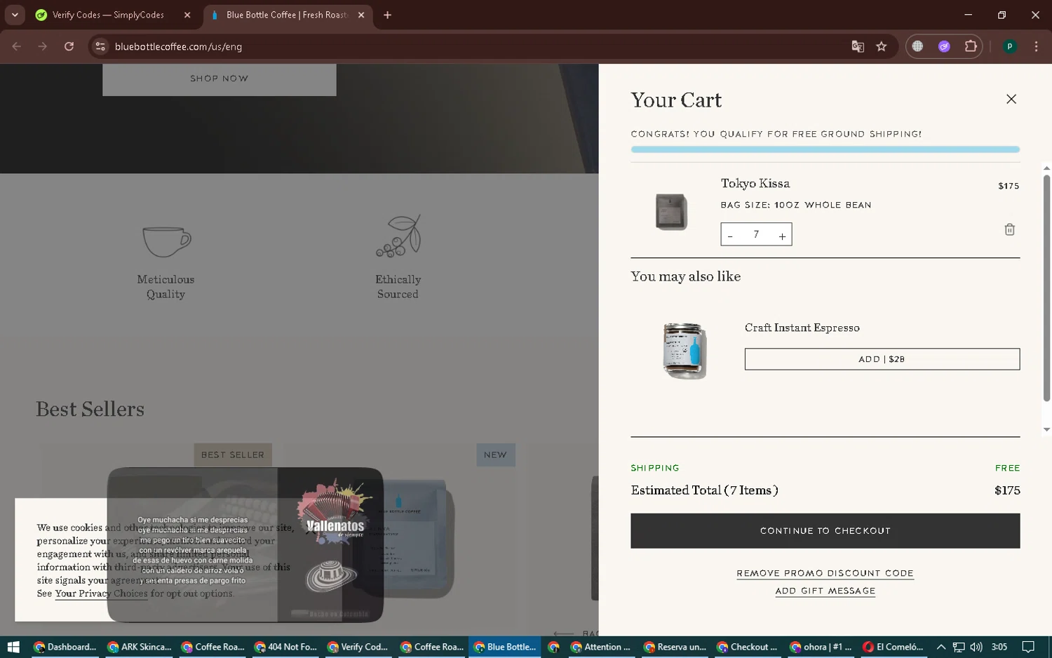 Blue Bottle Coffee coupon code screenshot showing code WELCOMESHIP applied at Blue Bottle Coffee checkout page. Uploaded by SimplyCodes community member ExtraordinaryVirtuoso6801 on Dec 19, 2025