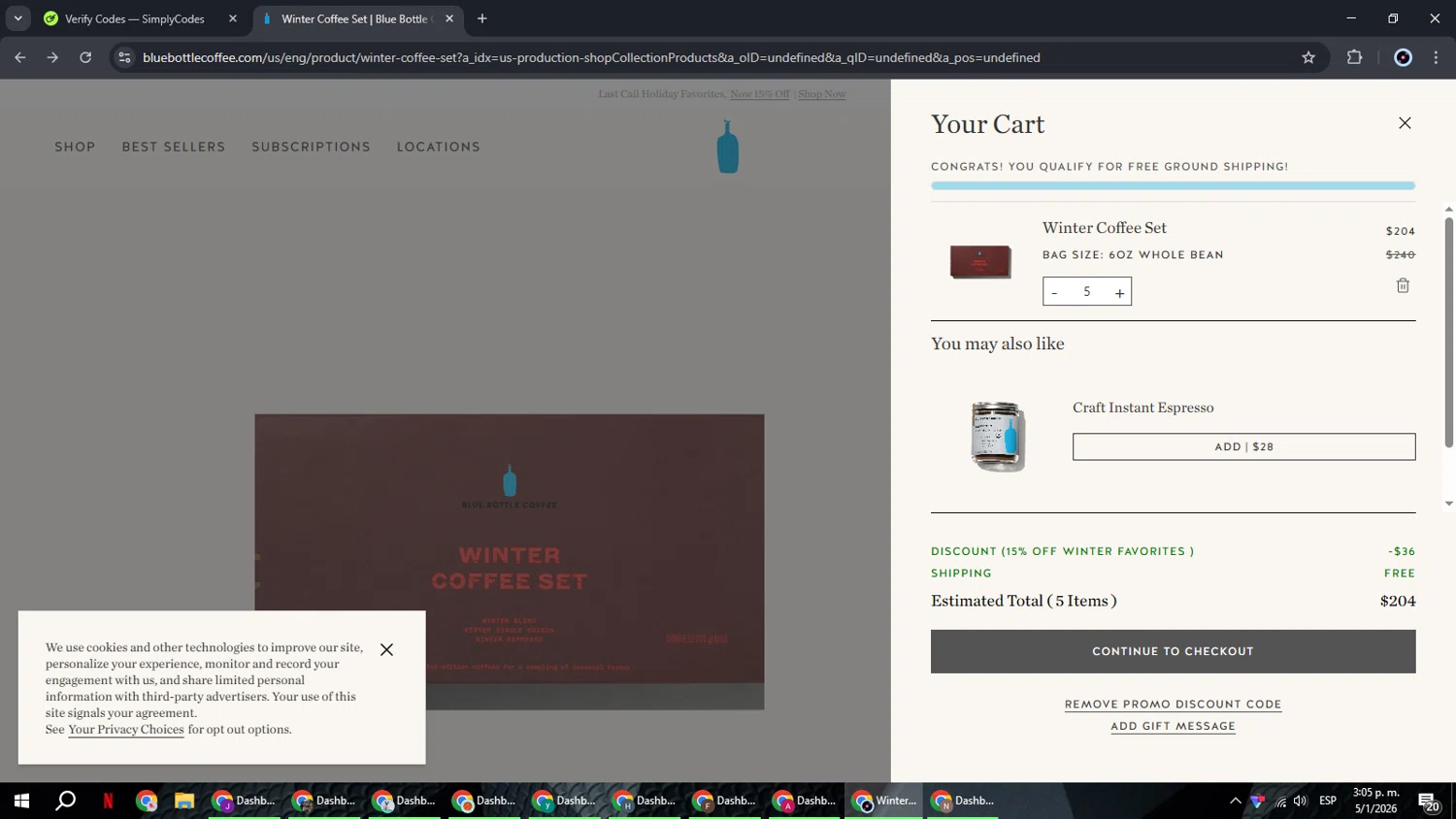 Blue Bottle Coffee checkout page showing Blue Bottle Coffee coupon code box | Screenshot taken by SimplyCodes community member on Jan 5, 2026
