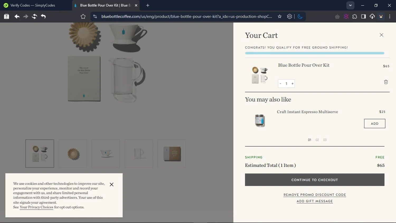 Blue Bottle Coffee coupon code screenshot showing code WELCOMESHIP applied at Blue Bottle Coffee checkout page. Uploaded by SimplyCodes community member CleverPioneer8971 on Apr 16, 2025