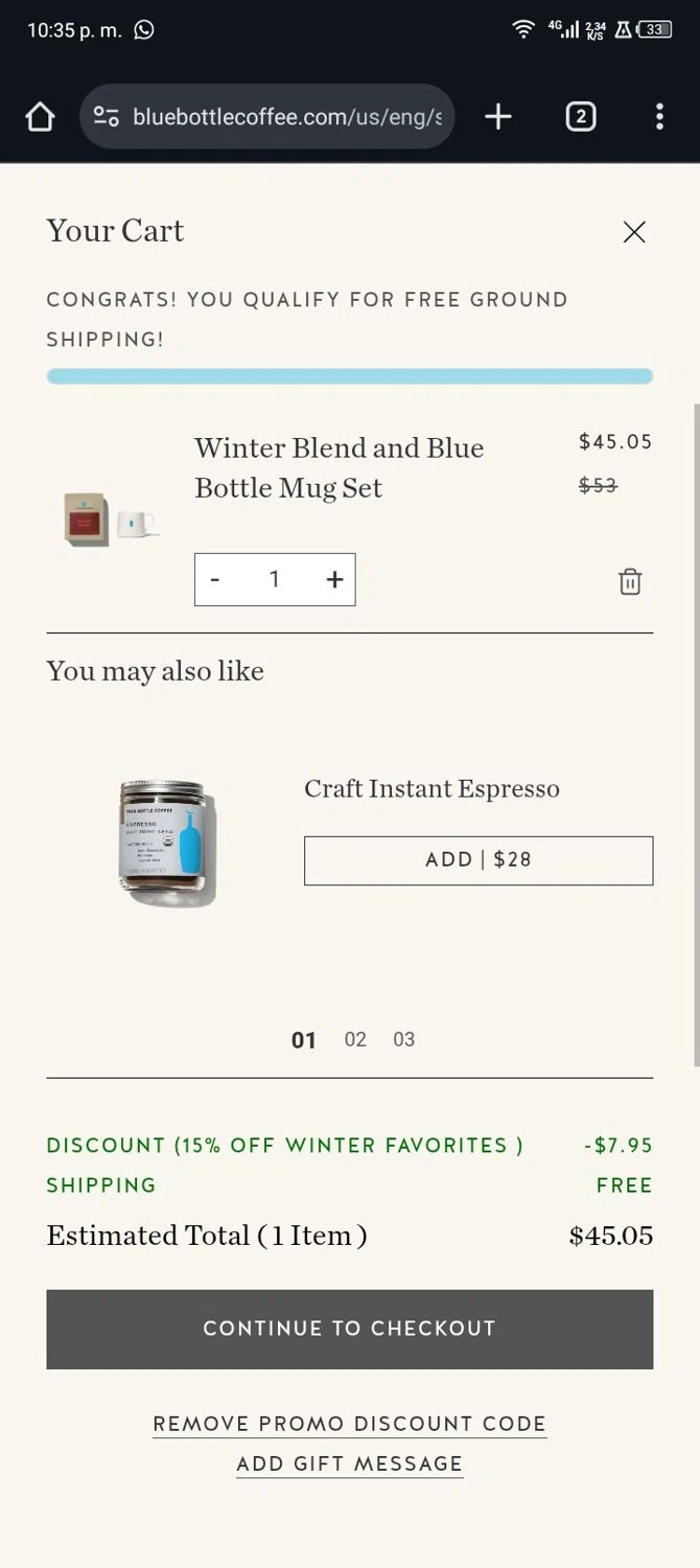 Blue Bottle Coffee checkout page showing Blue Bottle Coffee coupon code box | Screenshot taken by SimplyCodes community member on Jan 7, 2026