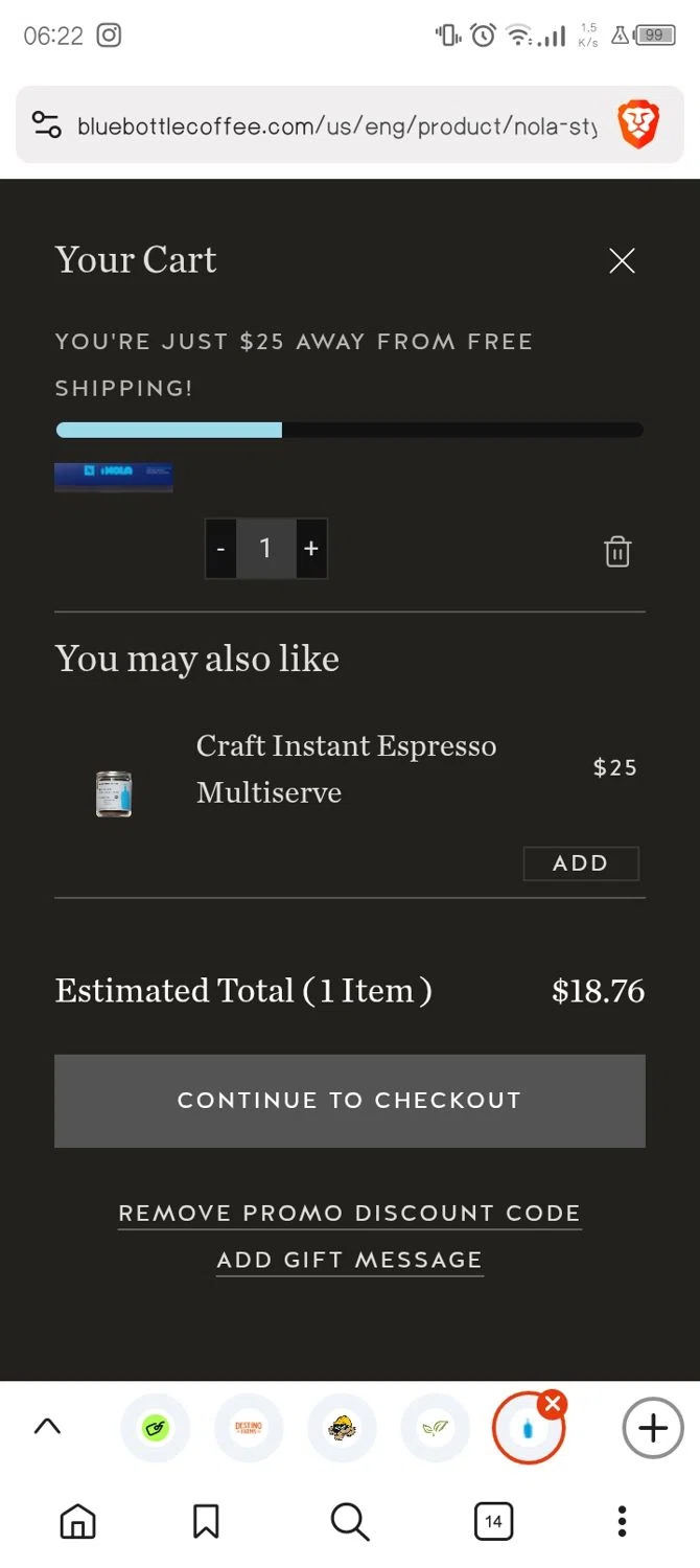 Blue Bottle Coffee coupon code screenshot showing code WELCOME applied at Blue Bottle Coffee checkout page. Uploaded by SimplyCodes community member WhenEresMaik on Jun 24, 2025