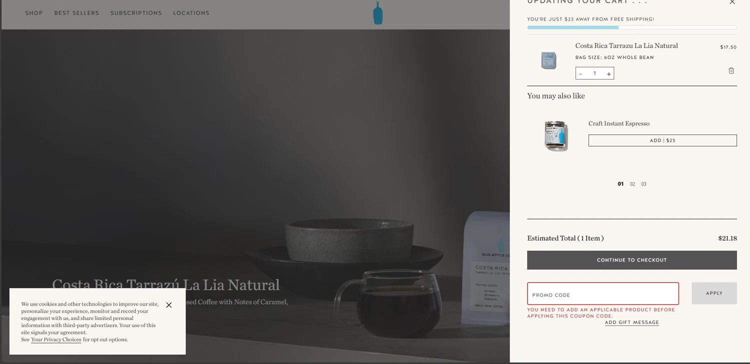 Blue Bottle Coffee checkout page showing Blue Bottle Coffee coupon code box | Screenshot taken by SimplyCodes community member on Oct 7, 2025