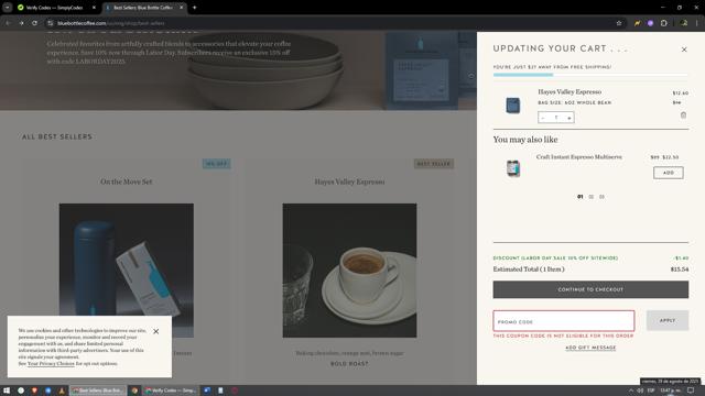 Blue Bottle Coffee checkout page showing Blue Bottle Coffee coupon code box | Screenshot taken by SimplyCodes community member on Aug 29, 2025