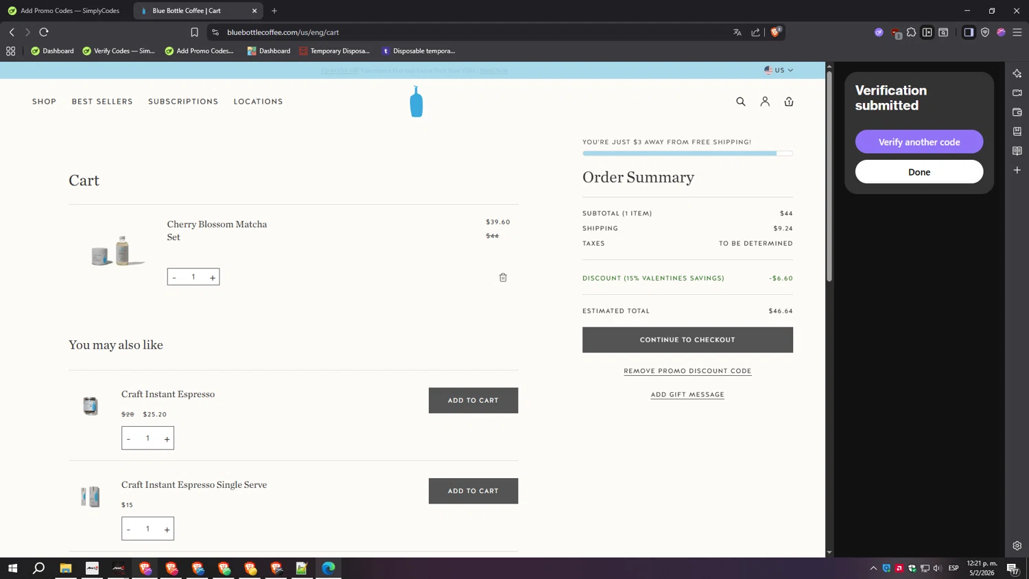 Blue Bottle Coffee checkout page showing Blue Bottle Coffee coupon code box | Screenshot taken by SimplyCodes community member on Feb 5, 2026