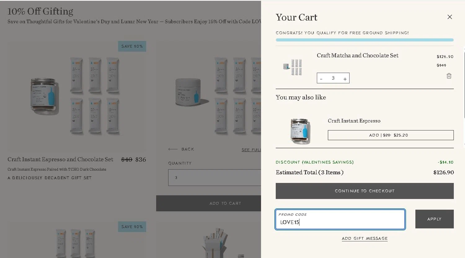Blue Bottle Coffee coupon code screenshot showing code LOVE15 applied at Blue Bottle Coffee checkout page. Uploaded by SimplyCodes community member LAMINEJAMAL on Feb 5, 2026