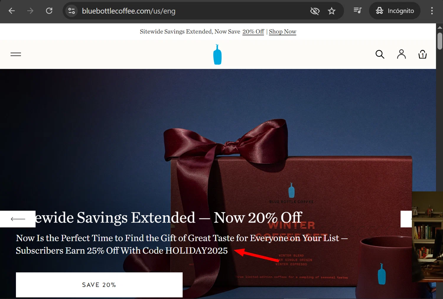 Blue Bottle Coffee coupon code screenshot showing code HOLIDAY2025 applied at Blue Bottle Coffee checkout page. Uploaded by SimplyCodes community member anosesmith on Dec 9, 2025